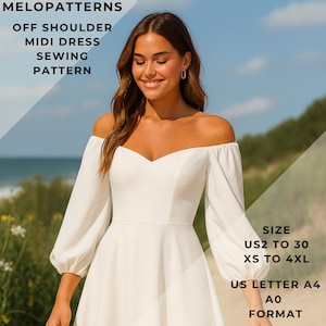 Off Shoulder Sweetheart Neck Midi Dress Sewing Pattern,Anniversary Dress,US 2 to 30 and XS to 4XL,Suitable A0-A4-US Letter paper format