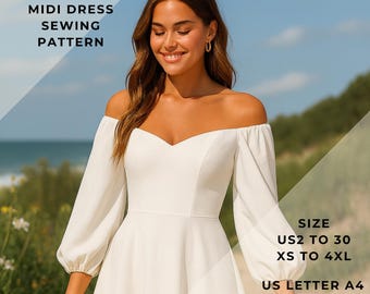 Off Shoulder Sweetheart Neck Midi Dress Sewing Pattern,Anniversary Dress,US 2 to 30 and XS to 4XL,Suitable A0-A4-US Letter paper format