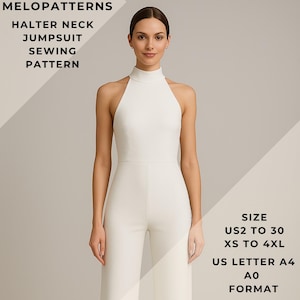 Può includere: Un modello di cucito per tuta bianca con collo halter. L'indumento presenta un collo alto e pantaloni a gamba larga. Il testo sull'immagine recita "MELOPATTERNS, HALTER NECK JUMPSUIT SEWING PATTERN, SIZE US2 TO 30, XS TO 4XL, US LETTER A4, A0 FORMAT."