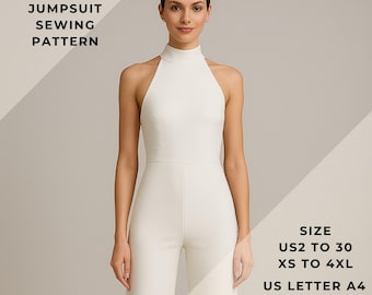 Palazzo Halter Neck Jumpsuit Sewing Pattern, PDF Sewing Pattern Instant Download, Easy Digital Pdf, US Sizes 2-30, Plus Size Pattern