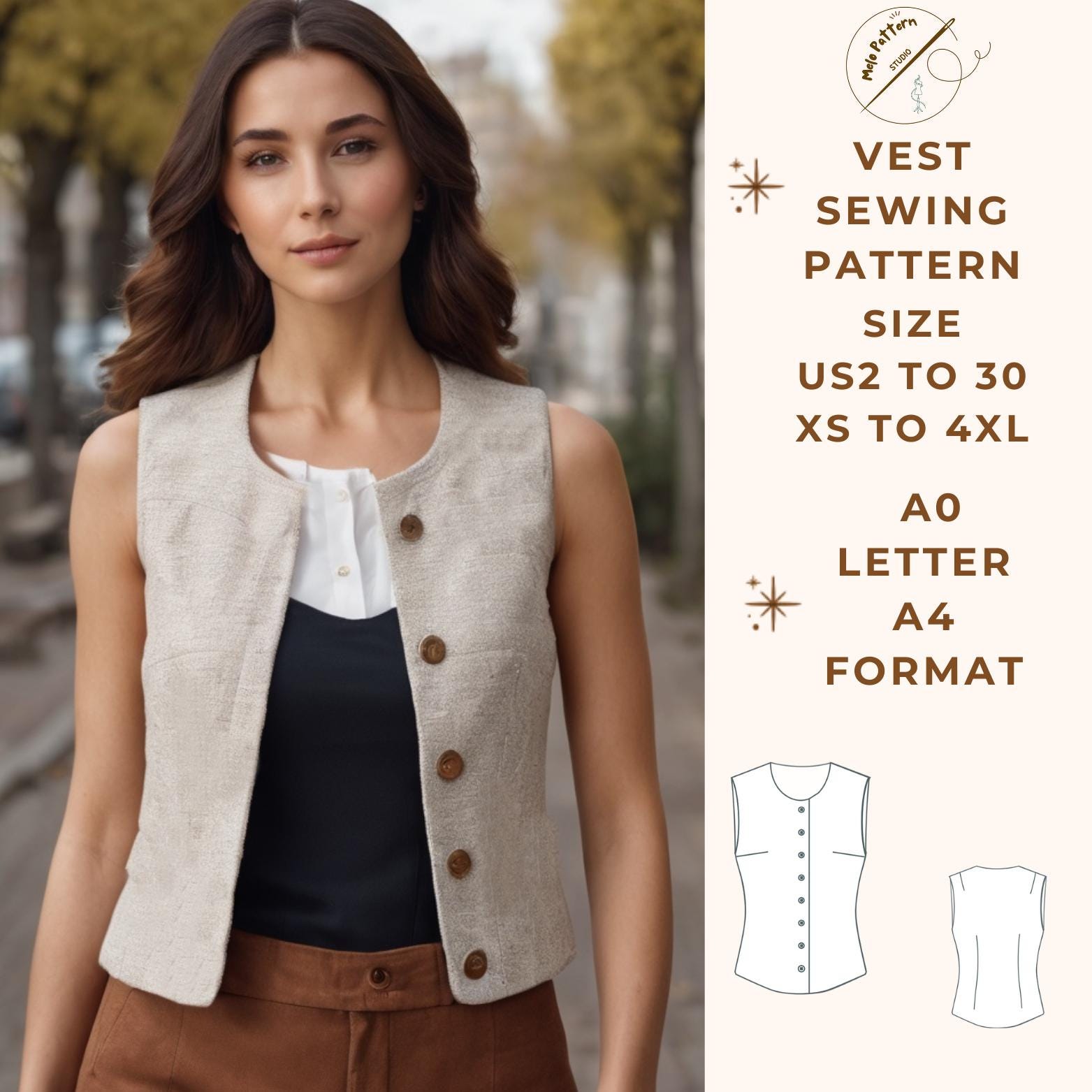 Vest Sewing Pattern, Button Down West Pattern Range of Size