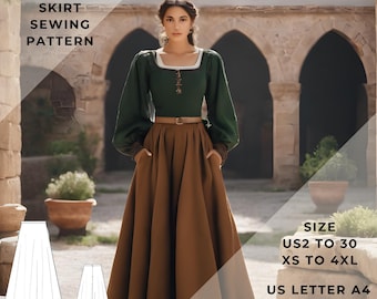 Renaissance Skirt Pattern,Skirt Sewing Pattern,Range of size options US2 to 30 and XS to 4XL,Suitable A0- A4-US Letter paper format