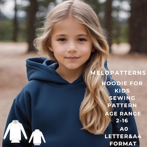 Patrón de sudadera con capucha para niños, patrón de costura de sudadera, patrón de costura para niños Adecuado para papel de tamaño A0-A4-US Rango de edad: 2-16 años