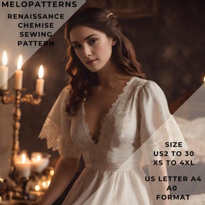 Renaissance Chemise Sewing Pattern,Cottagecore Chemise,Medieval Nightgown, US 2 to 30 and XS to 4XL,Suitable A0- A4-US Letter paper format