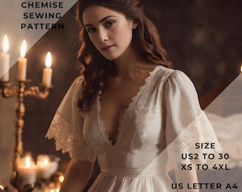 Patrón de costura de camisón renacentista, camisón cottagecore, camisón medieval, tallas 2 a 30 de EE. UU. y XS a 4XL, apto para papel de formato A0, A4 y carta de EE. UU.