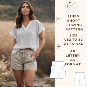 Padrão de shorts de linho, padrão de costura de vestido de linho, variedade de opções de tamanho US2/30 e XS/4XL, formato de papel adequado A0- A4-US Letter