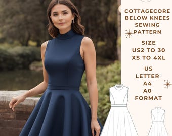 Patrón de costura para vestido Cottagecore por debajo de las rodillas, vestido de cóctel, vestido de aniversario, tallas 2 a 30 de EE. UU. y XS a 4XL, adecuado para papel de formato A0, A4 y carta de EE. UU.