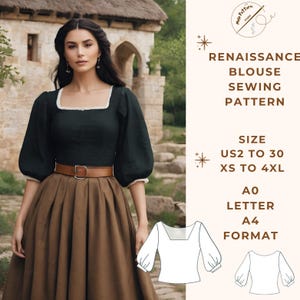 Puede incluir: Un patrón de costura para una blusa renacentista. El patrón está disponible en las tallas US2 a 30 y XS a 4XL. El patrón se imprime en papel A0 y A4.