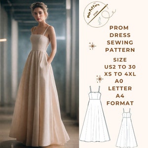 Prom Dress, Evening Gown Sewing Pattern, Cocktail Dress,Anniversary Dress, US 2 to 30 and XS to 4XL,Suitable A0- A4-US Letter paper format