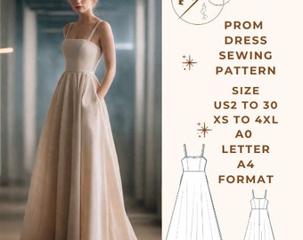 Prom Dress, Evening Gown Sewing Pattern, Cocktail Dress,Anniversary Dress, US 2 to 30 and XS to 4XL,Suitable A0- A4-US Letter paper format