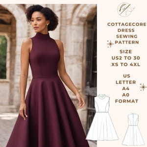 May include: A sewing pattern for a cottagecore dress in sizes US2 to 30 and XS to 4XL. The pattern is available in A4 and A0 format.