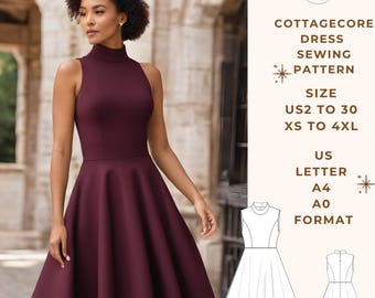 Patrón de costura de vestido Cottagecore, vestido por debajo de las rodillas, vestido de aniversario, tallas 2 a 30 de EE. UU. y XS a 4XL, adecuado para papel de formato A0, A4 y carta de EE. UU.