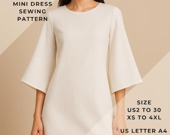 Patrón de costura para minivestido con mangas acampanadas, vestido de fiesta, minivestido, tallas EE. UU. 2 a 30 y XS a 4XL, apto para papel tamaño A0-A4-US Letter.