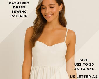 Strap Gathered Mini Dress Pattern,Mini Dress Sewing Pattern,Range of size options US2/30 and XS/4XL,Suitable A0- A4-US Letter paper format