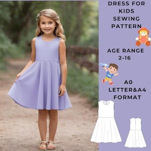 Patrón de vestido para niños, patrón de costura de vestido de verano, rango de edad de 2 a 16 años, formato de papel adecuado A0-A4-US Letter