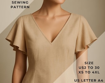 Linen Blouse Pattern,Flared Sleeves Blouse,V neck blouse Range of size options US2 to 30 and XS to 4XL,Suitable A0-A4-US Letter paper format