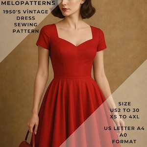 Puede incluir: Un patrón de costura para vestido vintage rojo de los años 50 en formato A4. El patrón incluye las tallas US 2 a 30 y XS a 4XL.