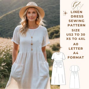 Patrón de vestido de lino fruncido, patrón de costura de vestido de lino, rango de opciones de tamaño: US2 a 30 y XS a 4XL, adecuado para papel tamaño A0-A4-US Letter.