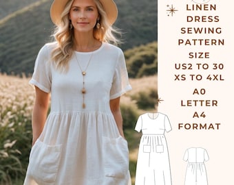Patrón de vestido de lino fruncido, patrón de costura de vestido de lino, rango de opciones de tamaño: US2 a 30 y XS a 4XL, adecuado para papel tamaño A0-A4-US Letter.