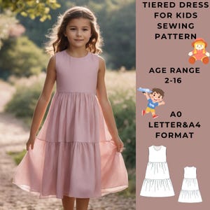 Patrón de vestido escalonado para niños, patrón de costura de vestido de verano, adecuado para papel de tamaño A0-A4-US. Rango de edad: 2-16 años