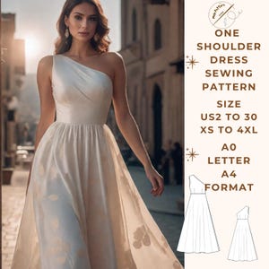 May include: A sewing pattern for a one-shoulder dress. The pattern includes sizes US2 to 30 and XS to 4XL. The pattern is available in A0 letter and A4 format.