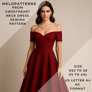 Può includere: Un abito da ballo bordeaux con spalle scoperte e scollatura a cuore. Il modello di cucito è di Melopatterns, disponibile nelle taglie US2 a 30 e XS a 4XL, nei formati US Letter, A4 e A0.