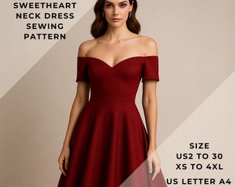 Patrón de costura para vestido de graduación con escote corazón, vestido con hombros descubiertos, vestido de aniversario, tallas US2 a 30 y XS a 4XL, apto para papel tamaño A0-A4-US Letter.