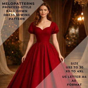 Puede incluir: Una mujer con un vestido de baile rojo estilo princesa. El vestido tiene un escote corazón y mangas cortas abullonadas. El texto en la imagen dice "MELOPATTERNS PRINCESS-STYLE BALL GOWN DRESS SEWING PATTERN" y "SIZE US2 TO 30 XS TO 4XL US LETTER A4 AO FORMAT".