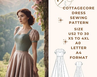 Fairycore Cottage Maxi Kleid Schnittmuster, Auswahl an Größenoptionen US 2 bis 30 und XS bis 4XL, Geeignet A0-A4-US Letter Papierformat