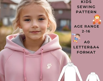 Kid's Hoodie Pattern,Sweatshirt Sewing Pattern, Sewing Pattern for Kid's Suitable A0-A4-US Letter paper format Age Range 2-16 years