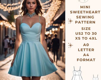 Mini Sweetheart Dress Sewing Pattern, Mini Dress, Homecoming Dress , Sweetheart Neck Dress Ladies Size ( US2 to 30 )-EU(XS to 4XL)