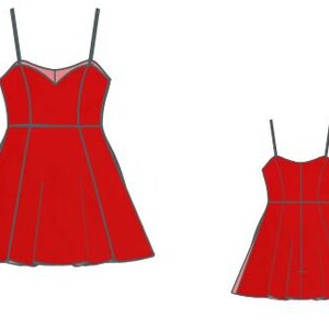 May include: Two red sleeveless dresses with a sweetheart neckline and a flared skirt.