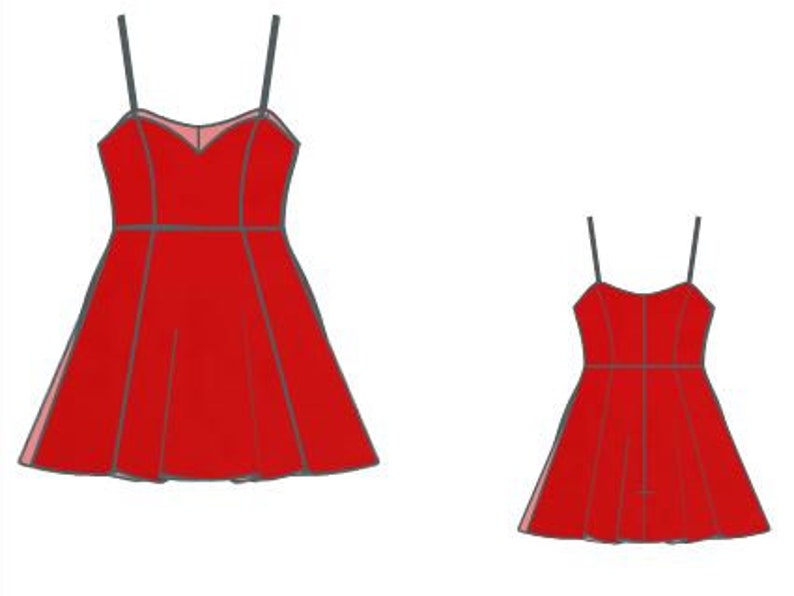 May include: Two red sleeveless dresses with a sweetheart neckline and a flared skirt.