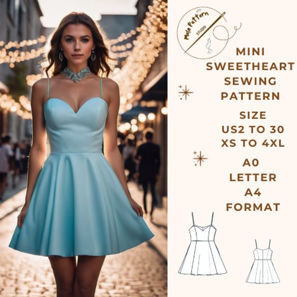 Mini Sweetheart Dress Sewing Pattern, Mini Dress, Homecoming Dress , Sweetheart Neck Dress Ladies Size ( US2 to 30 )-EU(XS to 4XL)
