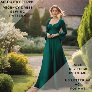 Könnte beinhalten: Ein grünes Nähmuster für ein Regency-Kleid im US-Letter- und A0-Format. Das Muster umfasst die Größen US 2 bis 30 und XS bis 4XL.
