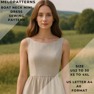Boat Neck Mini Gathered Dress,Boat neck linen Dress, Dress Sewing Pattern,Gathered Dress Pattern, Ladies Size ( US2 to 30 )-EU(XS to 4XL)