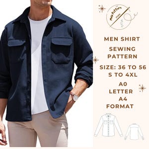 Op de afbeelding: Een naaipatroon voor een herenoverhemd. Het patroon is verkrijgbaar in de maten 36 tot 56, van S tot 4XL. Het patroon is gedrukt op A0-papier en is in A4-formaat.