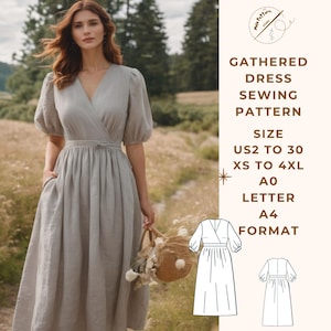 Patrón de vestido fruncidor de lino, patrón de costura de vestido de lino, rango de opciones de tamaño de EE. UU. 2 a 30 y de XS a 4XL, adecuado para formato de papel A0, A4 y carta de EE. UU.