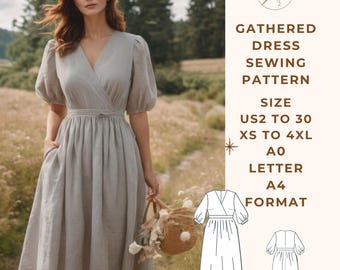 Linen Gatheder Dress Pattern, Leinenkleid Schnittmuster, verschiedene Größenoptionen US 2 bis 30 und XS bis 4XL, Geeignetes A0-A4-US Letter Papierformat