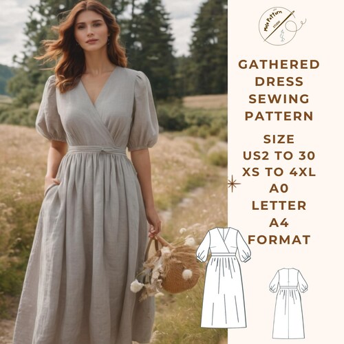 Linen Gatheder Dress Pattern,Linen Dress Sewing Pattern,Range of size options US2 to 30 and XS to 4XL,Suitable A0- A4-US Letter paper format