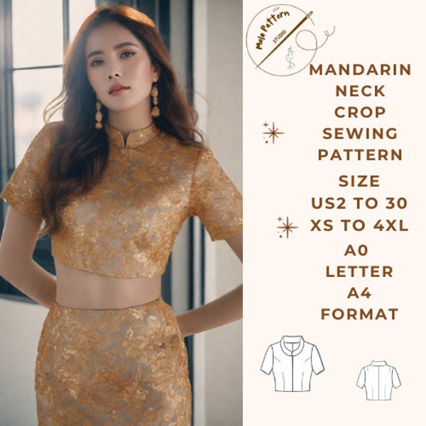 Cheongsam blouse,mandarin neck crop pattern, Size ( US2 to 30 )-EU(XS to 4XL)