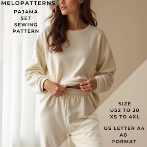 Pode incluir: Um padrão de costura para um conjunto de pijama de cor creme. O padrão inclui uma blusa de manga comprida e calças. O padrão está disponível nos tamanhos US 2 a 30 e XS a 4XL. O padrão é impresso em papel formato US Letter A4 e A0.