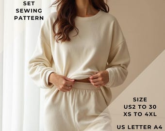 Op de afbeelding: Een crèmekleurig pyjamaset naaipatroon. Het patroon omvat een ​​lang mouwloos top en broek. Het patroon is verkrijgbaar in de maten US 2 tot 30 en XS tot 4XL. Het patroon is gedrukt op US Letter A4 en A0 formaat papier.