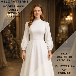 May include: A woman wearing a white modest maxi dress. The dress has long sleeves and a high neckline. The image includes text that says "MELOPATTERNS MODEST MAXI DRESS SEWING PATTERN" and size information.