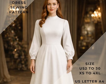 Modest Maxi Dress Sewing Pattern: Bishop Sleeve,range of size options US 2 to 30 and XS to 4XL,Suitable A0-A4-US Letter paper format