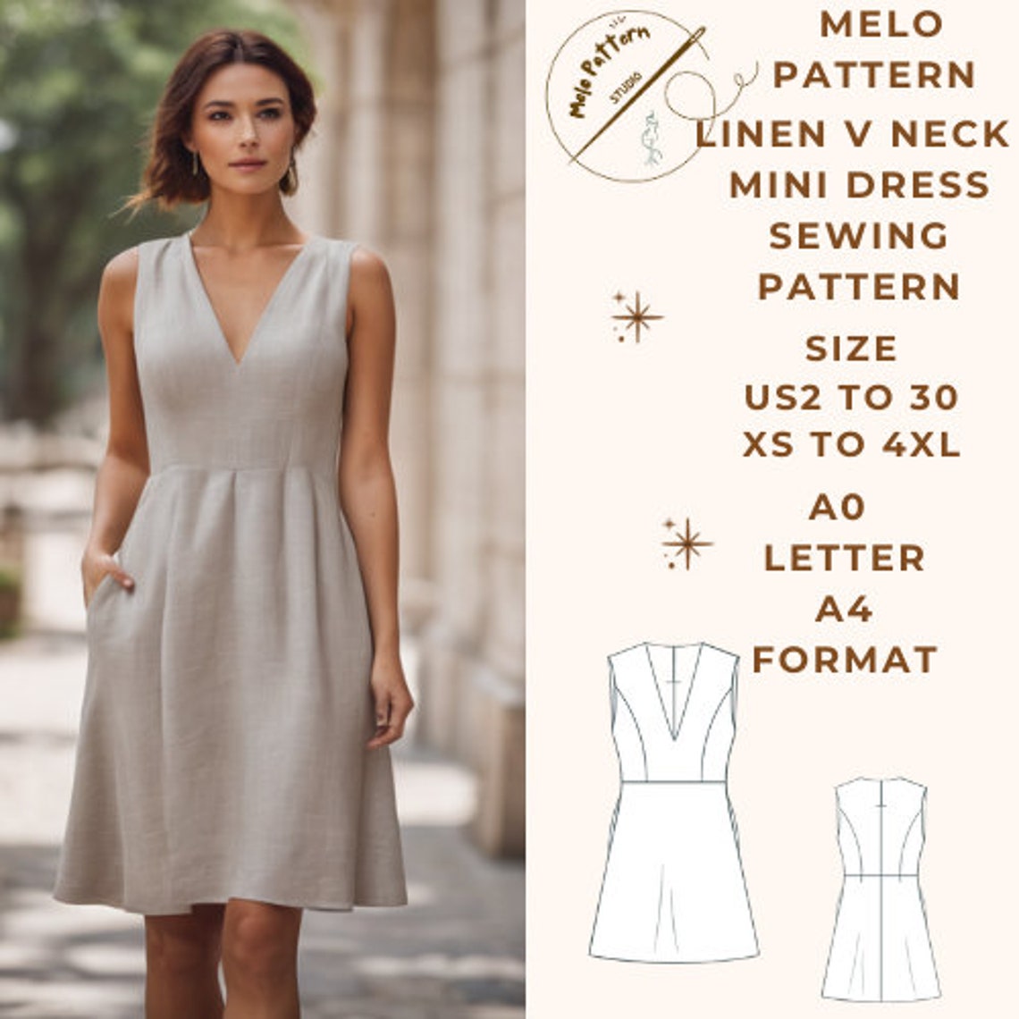 Linen V Neck Mini Dress Pattern,linen Dress Sewing Pattern,range of ...