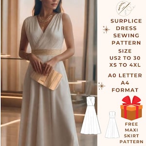 Puede incluir: Un patrón de costura para vestido blanco de sobrefalda en formato A0 y A4. El patrón incluye las tallas US2 a 30 y XS a 4XL. También se incluye un patrón de falda maxi gratis.