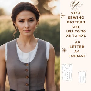 Patrón de costura de chaleco, patrón de botones del oeste, rango de opciones de tamaño de EE. UU. 2 a 30 y XS a 4XL, adecuado para formato de papel A0-A4-US Letter