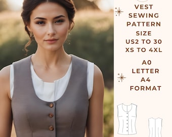 Weste Schnittmuster, Button-Down-Westen-Muster Bereich von Größe Optionen US 2 bis 30 und XS bis 4XL, geeignet A0-A4-US Letter Papierformat