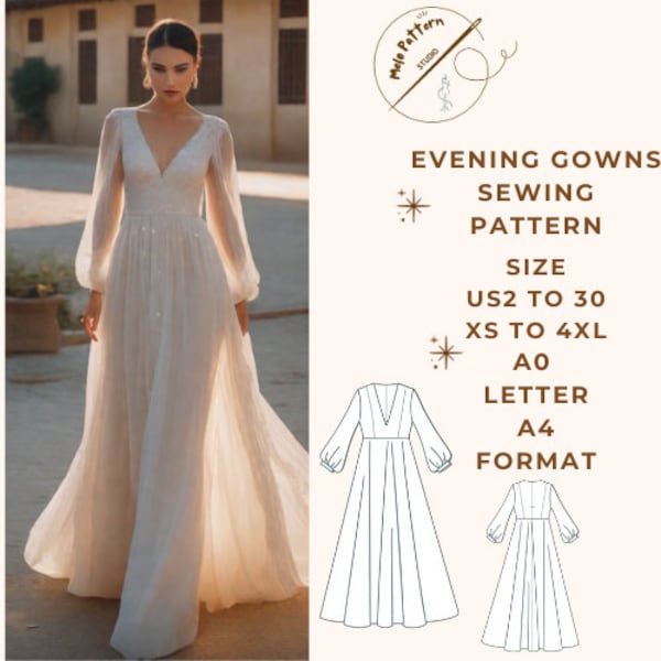 Evening Gown Sewing Pattern, Cocktail Dress,Anniversary Dress, Ball Gown, US 2 to 30 and XS to 4XL,Suitable A0- A4-US Letter paper format
